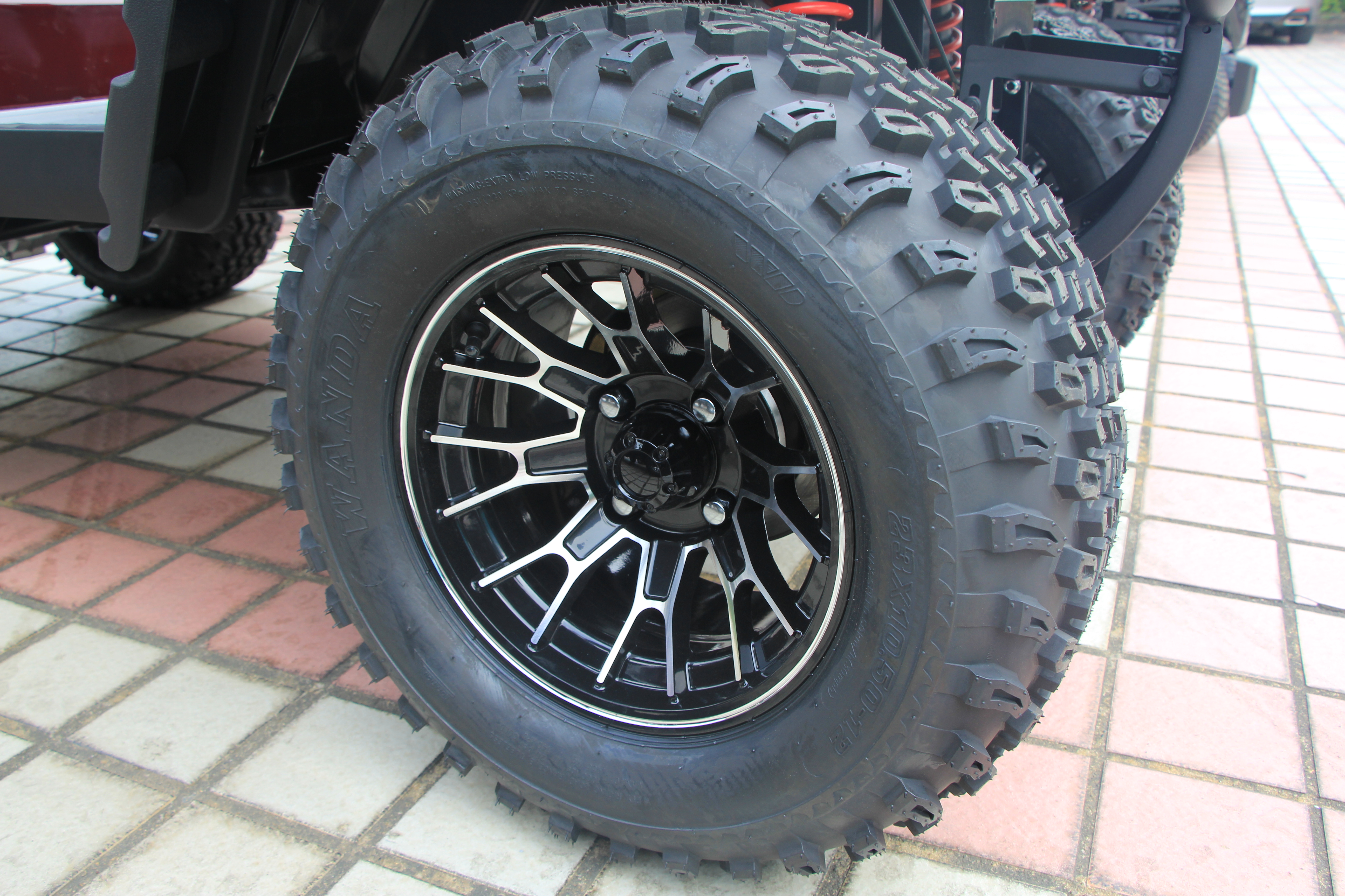 DOT certification; all terrain 23*10.5-12(4 Ply Rated) tire, high quality golf cart rims and tyre, Precise tire control and stable braking are the key to safe driving. Our tyres offer excellent traction and cushioning to ensure confidence in every drive.